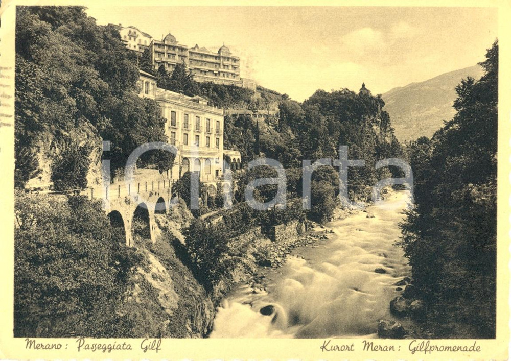 Cartolina originale da collezione 1950 MERANO BZ Veduta PASSEGGIATA GILF Lungo PASSIRIO Cartolina postale FG VG 1
