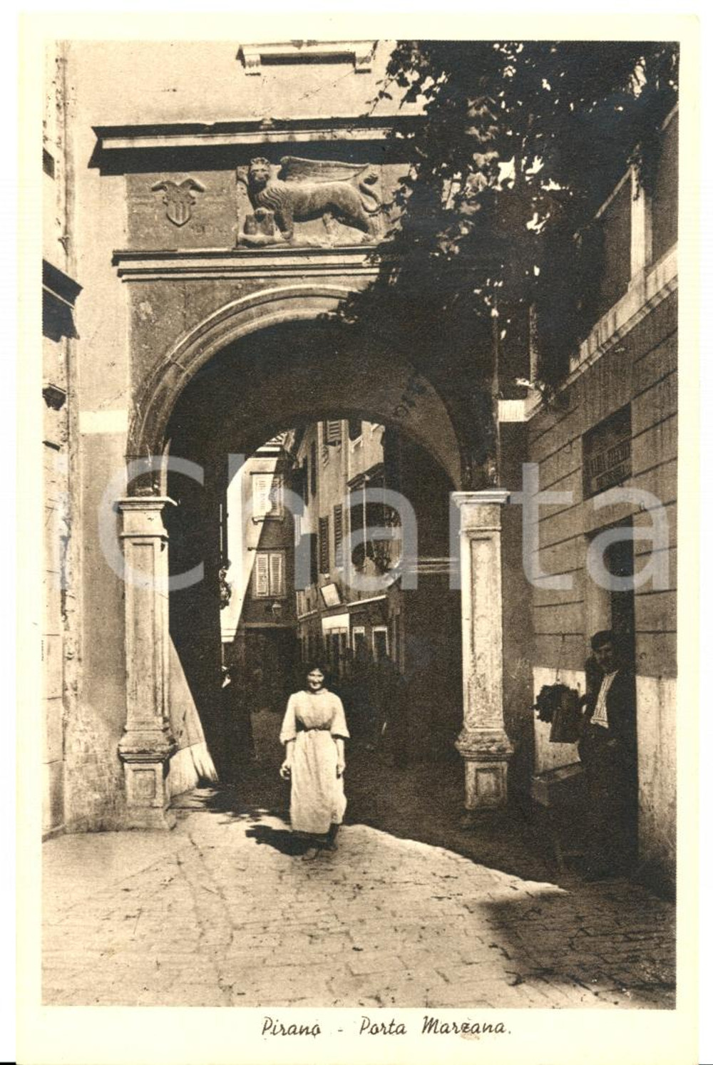 Cartolina originale da collezione 1938 PIRANO PIRAN SLOVENIA Porta MARZANA Cartolina postale ANIMATA FP NV 1