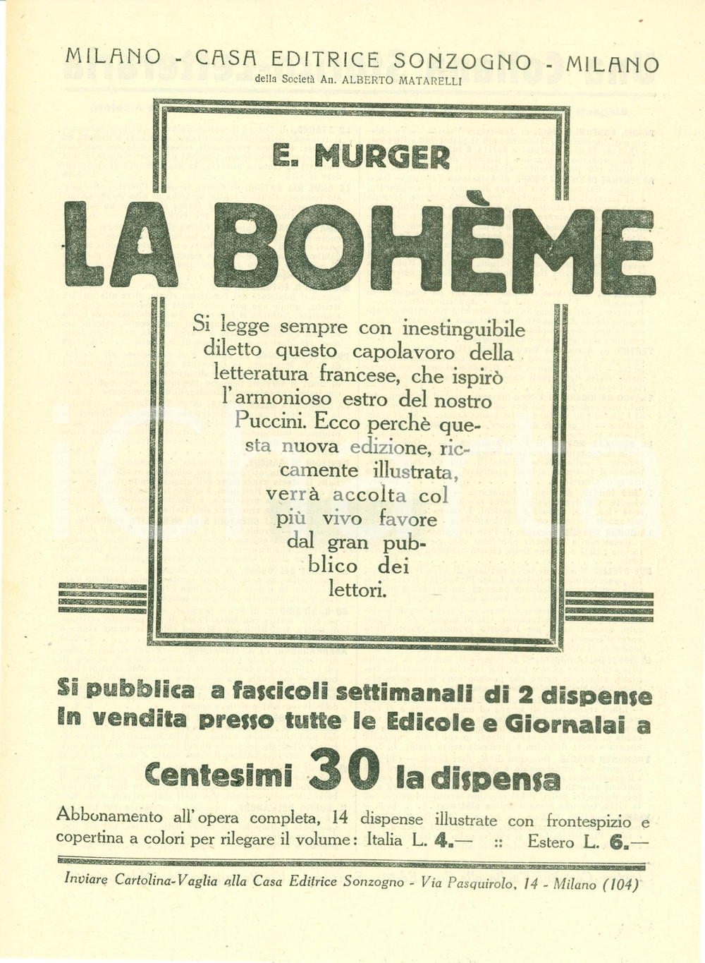Oggetto da collezione cartaceo 1925 ca SONZOGNO Henri MURGER La BohÃ¨me VOLANTINO PUBBLICITARIO 1