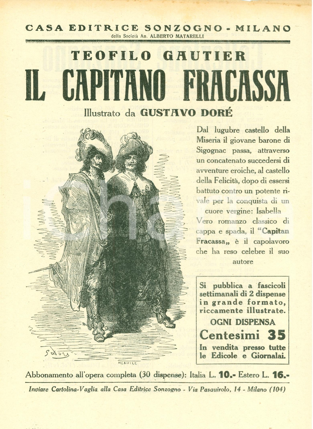 Oggetto da collezione cartaceo 1925 ca SONZOGNO Théophile GAUTIER Capitan Fracassa VOLANTINO ILLUSTRATO G. Doré 1