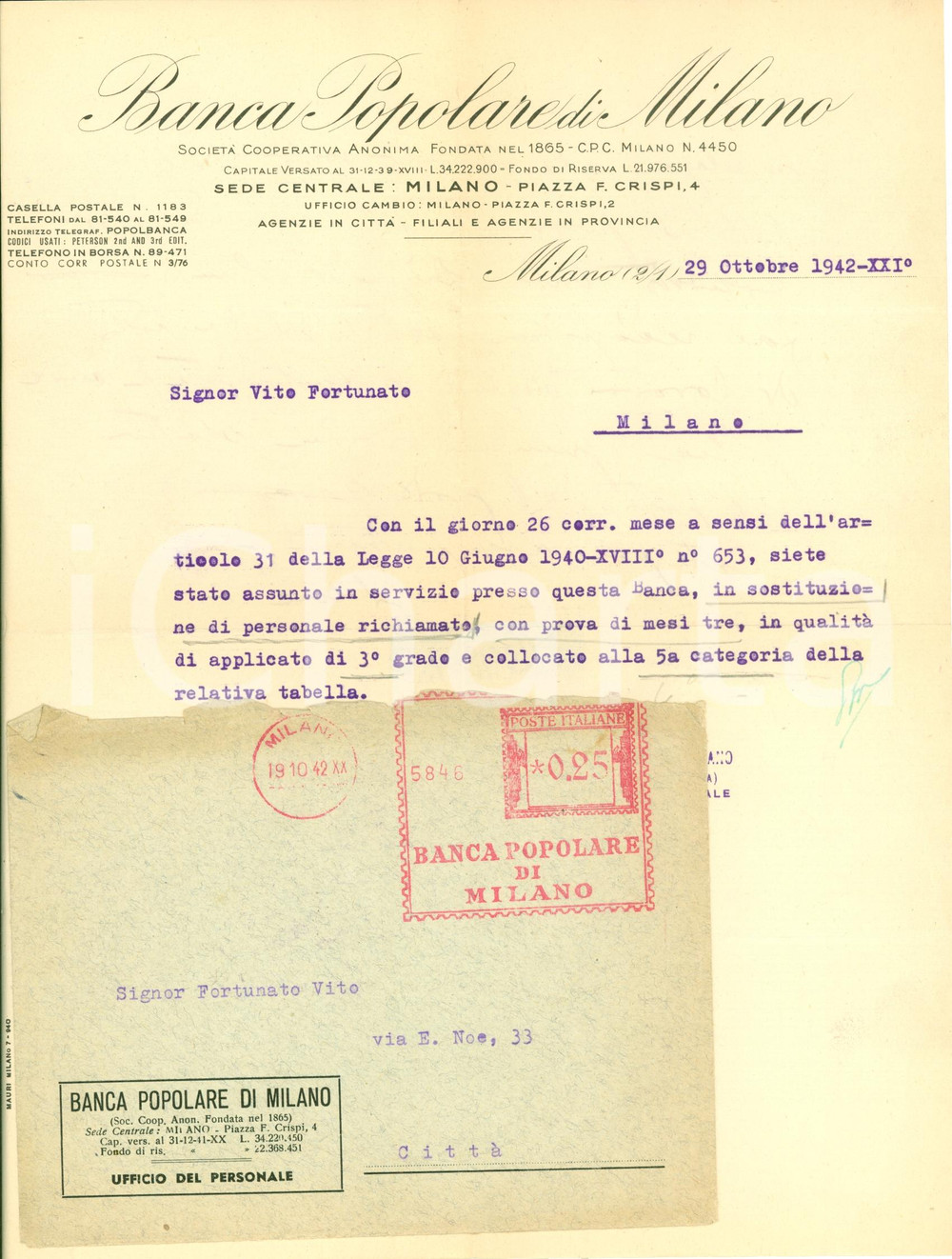 Manoscritto, lettera originale 1942 MILANO Vito FORTUNATO assunto a Banca Popolare Lotto 3 lettere 1