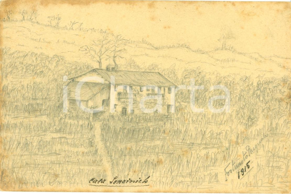 Stampa, bozzetto originale 1915 SLOVENIA WW1 Casa SONCINICH Cartolina disegnata a mano Pasquale FORTUNATO 1