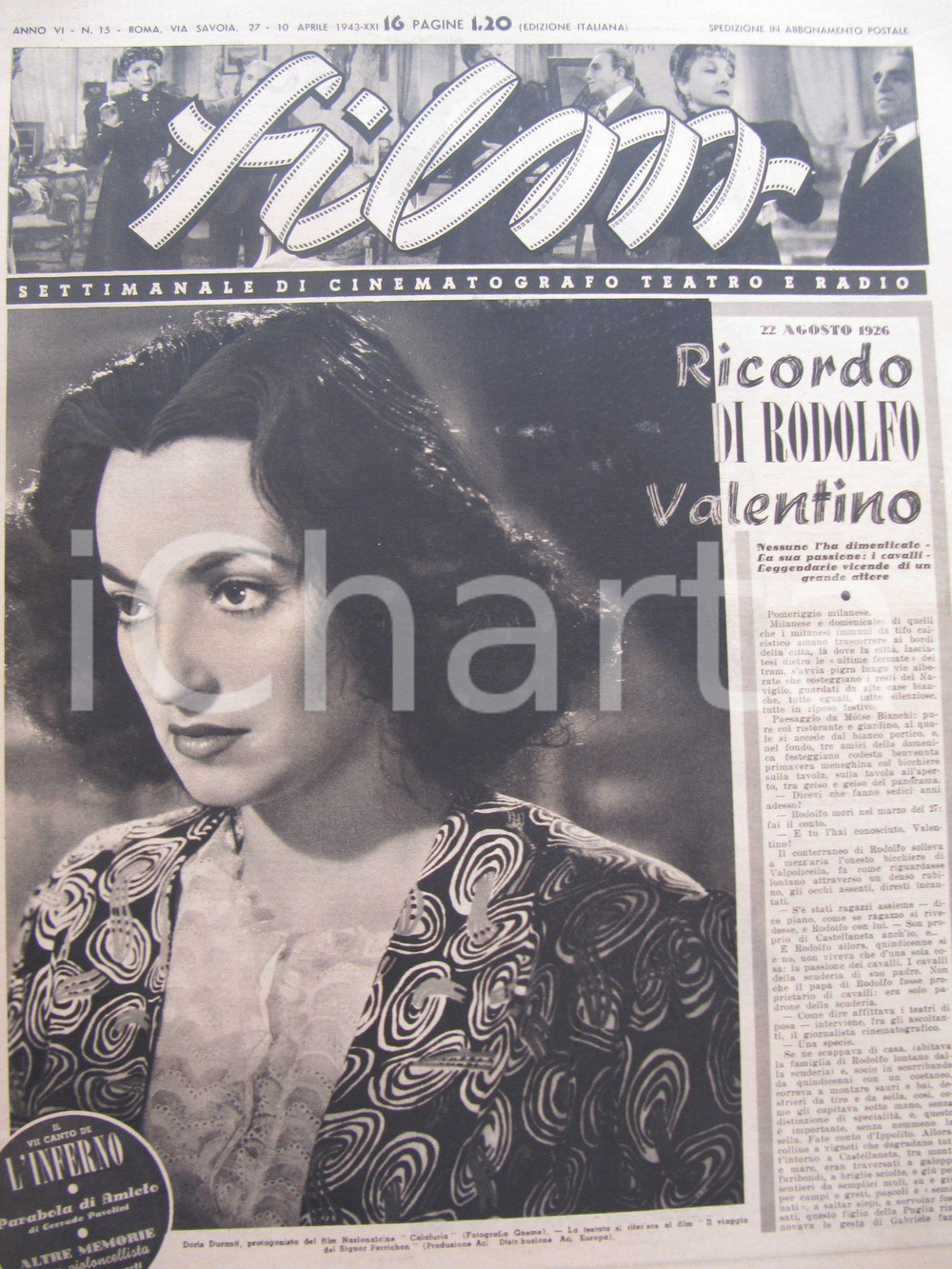 Giornale, rivista storica 1943 Rivista FILM Luciano FOLGORE Commedia del divismo Rodolfo VALENTINO 1