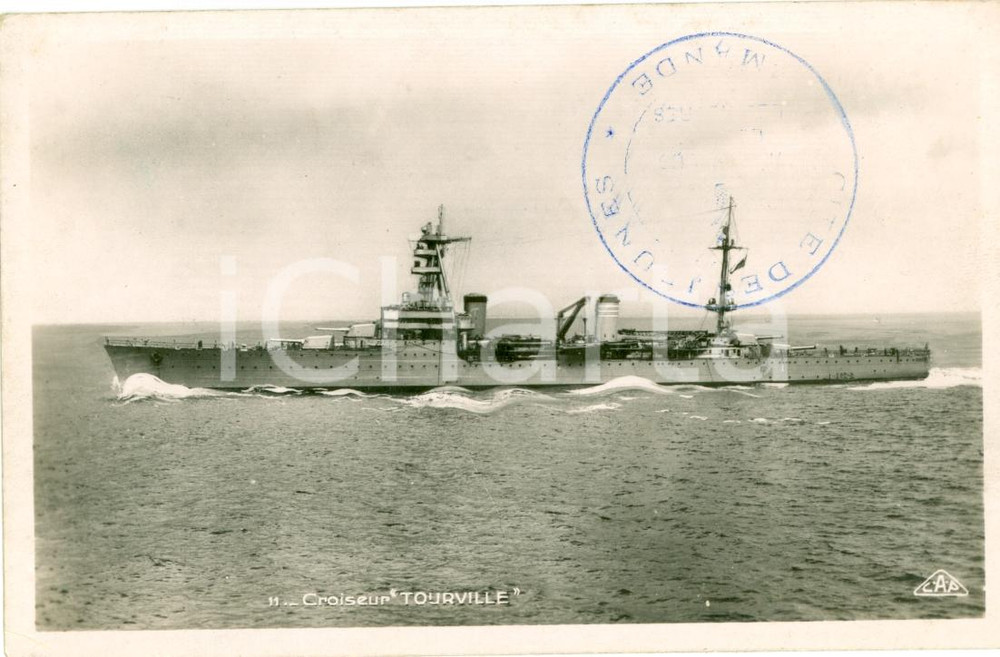 Cartolina originale da collezione 1930 ca MARINA FRANCESE Croiseur TOURVILLE Incrociatore 1