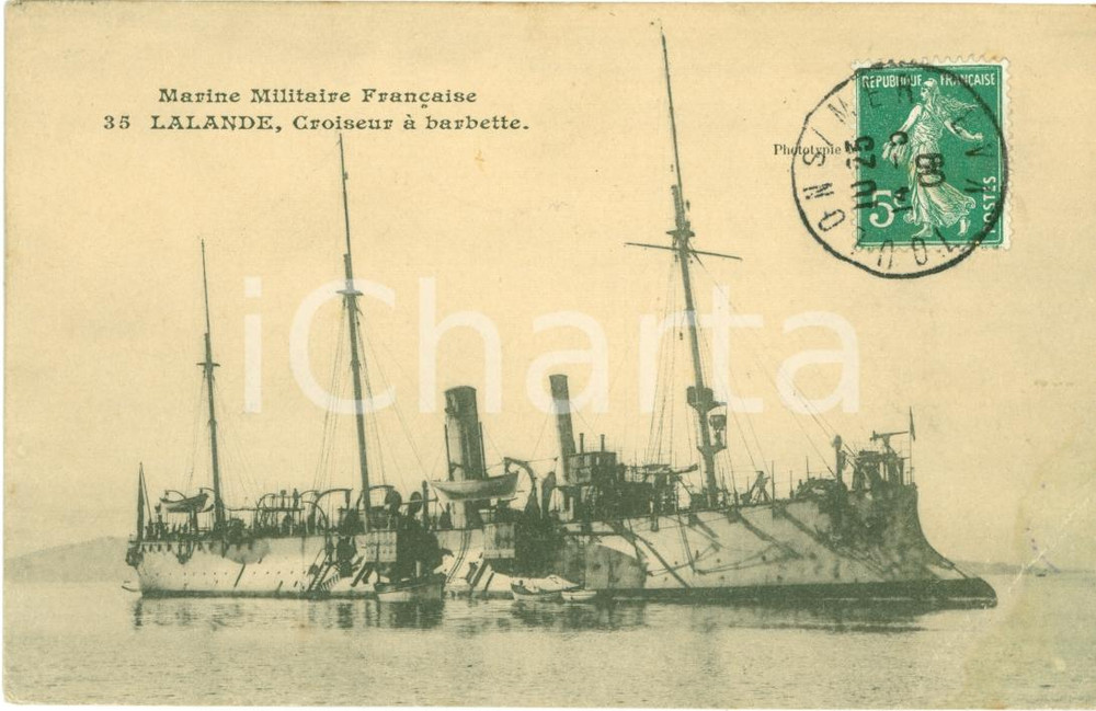 Cartolina originale da collezione 1909 MARINA FRANCESE Croiseur Ã  barbette LALANDE FP VG 1