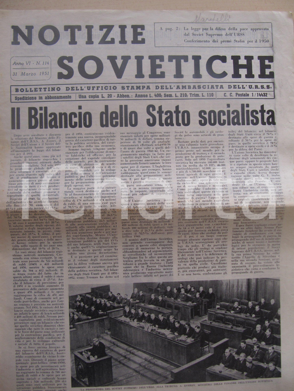 Giornale, rivista storica 1951 NOTIZIE SOVIETICHE Il bilancio economico dell URSS Andrej RUBLOV Giornale 1