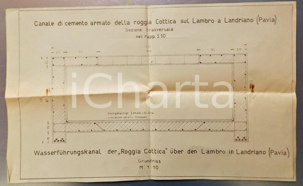 Mappa, planimetria storica 1930 ca LANDRIANO PV Canale di cemento armato della ROGGIA COTTICA sul Lambro 1