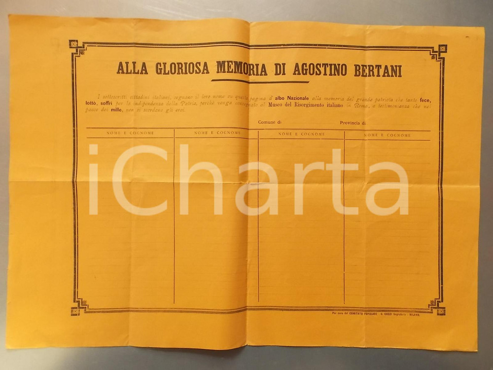 Mappa, planimetria storica 1900 ca MILANO Sottoscrizione alla gloriosa memoria di Agostino BERTANI 50 x 30 1