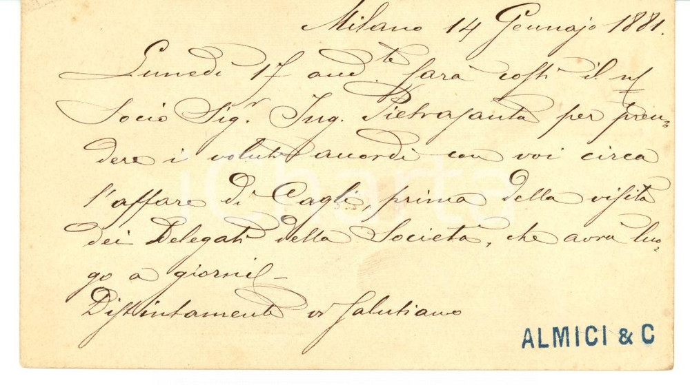 Documento originale, autentico 1881 MILANO Paolo ALMICI invia socio Guiscardo PIETRASANTA per affare CAGLI 1