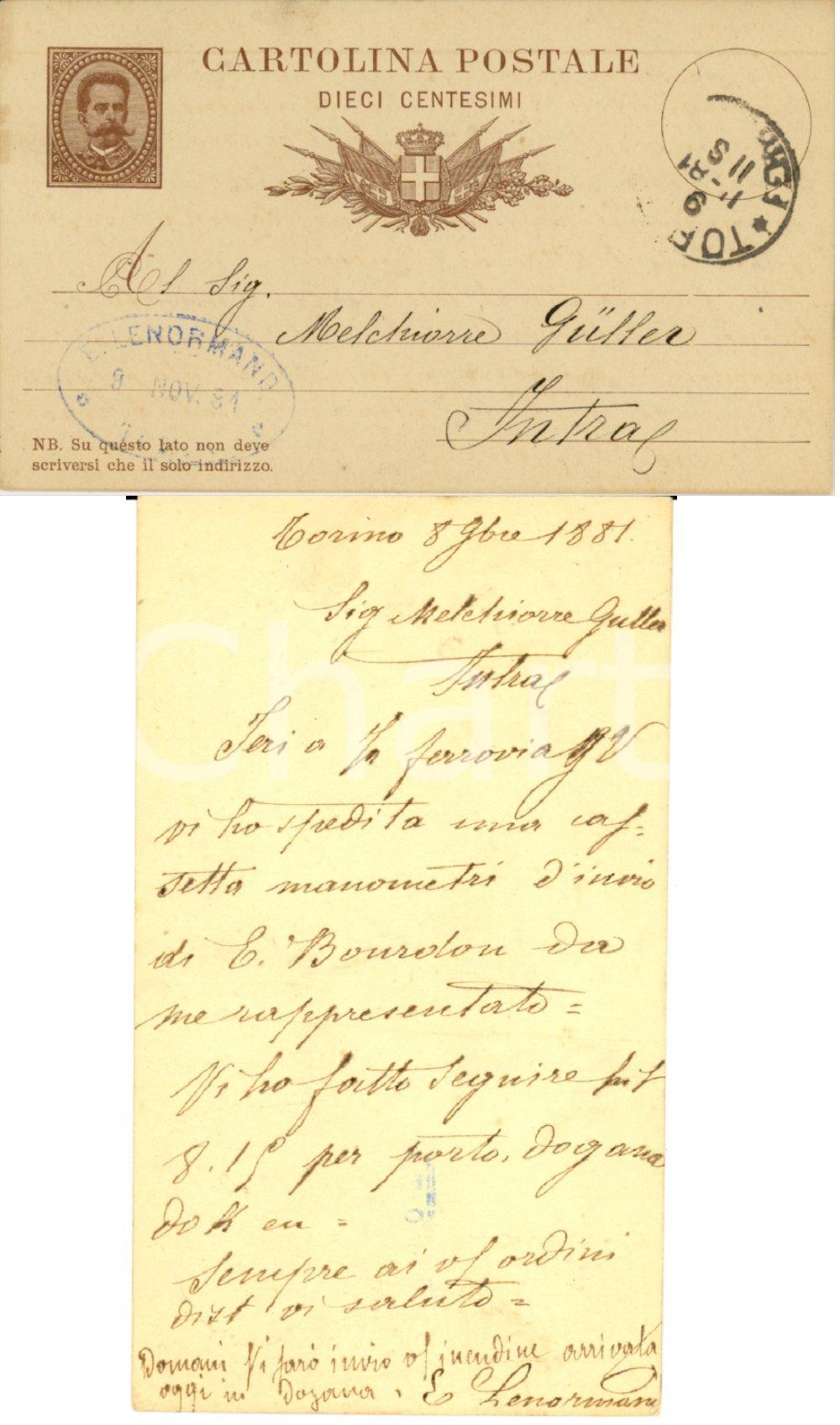 Documento originale, autentico 1881 TORINO Ditta E. LENORMAND spedisce cassetta manometri Cartolina FP VG 1