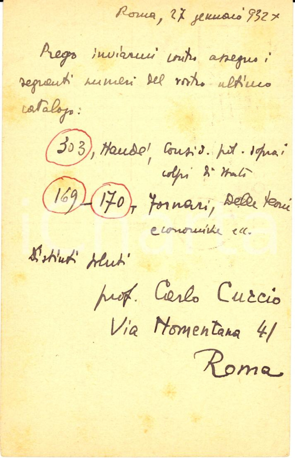 Autografo originale 1932 ROMA Prof. Carlo CURCIO alla Libreria MARIO LANDI di Bologna Autografo 1
