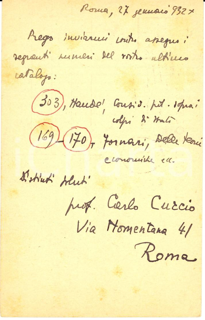 Autografo originale 1932 ROMA Prof. Carlo CURCIO alla Libreria MARIO LANDI di Bologna Autografo 1