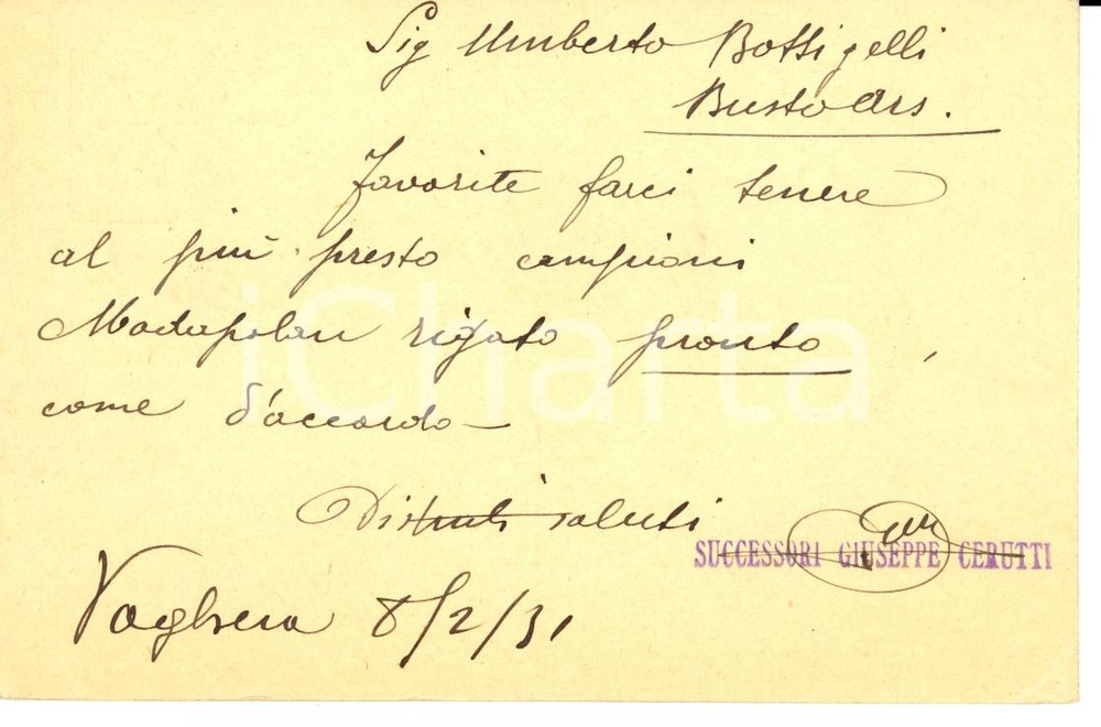 Manoscritto, lettera originale 1931 VOGHERA PV Ordine Successori Giuseppe CERUTTI a Umberto BOTTIGELLI FP VG 1