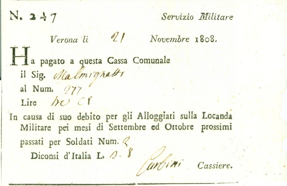 Documento originale, autentico 1808 VERONA MALMIGNATI paga affitto Locanda Militare per due soldati Ricevuta 1