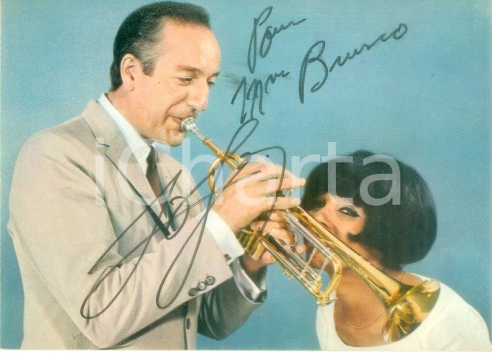 Autografo originale 1960 ca MUSICA Trombettiere Georges JOUVIN Trompette d or Foto con AUTOGRAFO 1