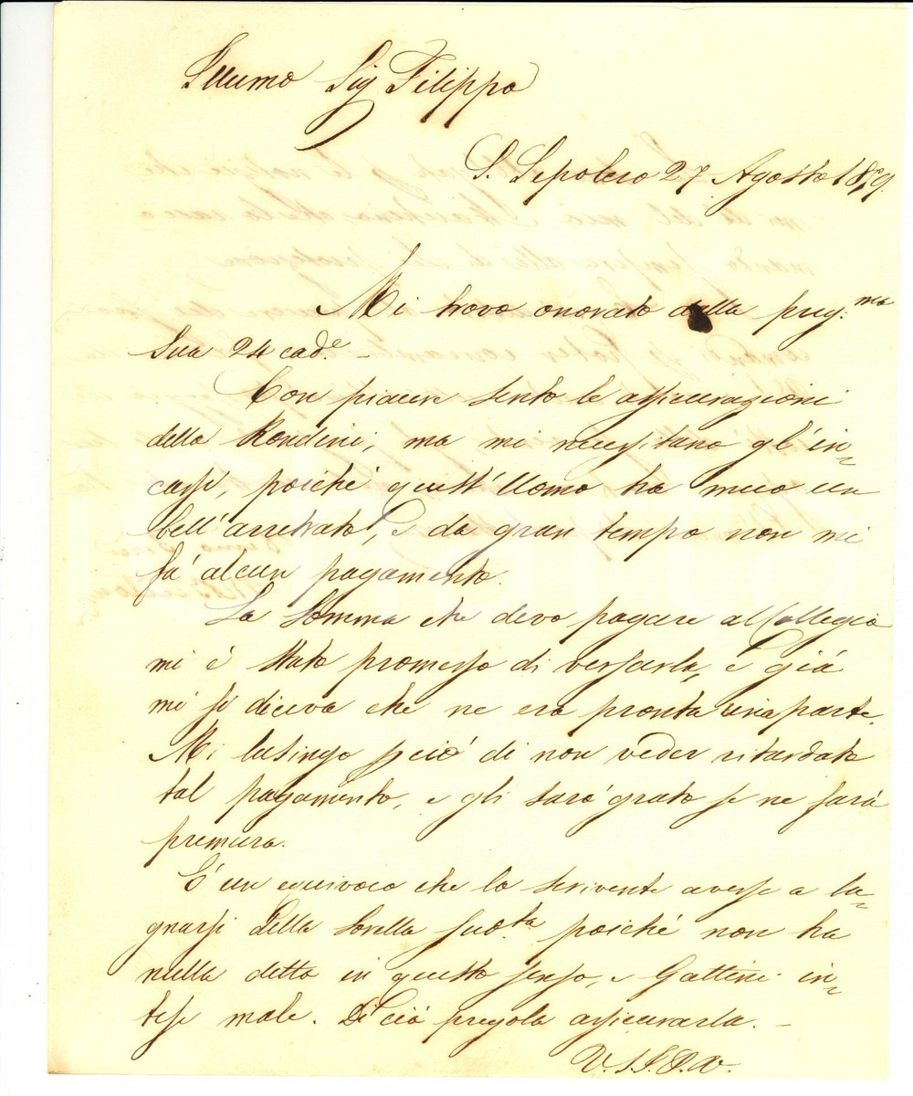 Manoscritto, lettera originale 1859 SANSEPOLCRO AR Sento le assicurazioni, ma mi necessitano gli incassi 1
