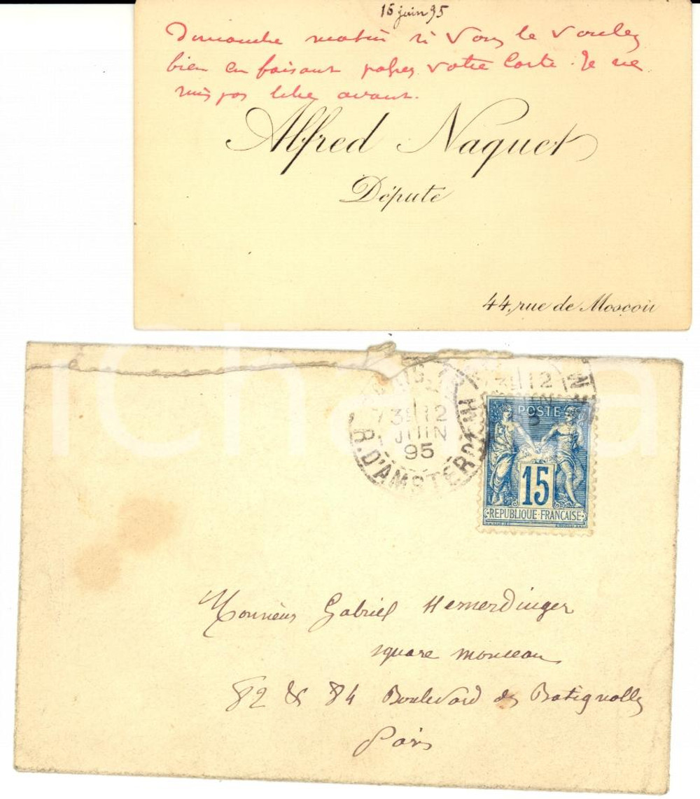 Autografo originale 1895 PARIS Carte de visite Alfred NAQUET Ã  Gabriel HEMERDINGER AUTOGRAPH 1