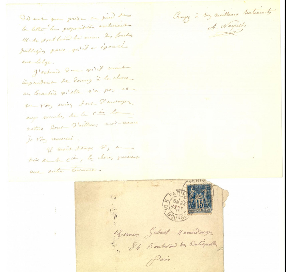 Autografo originale 1896 PARIS Alfred NAQUET a Gabriel HEMERDINGER su questione ebraica AUTOGRAPH 1