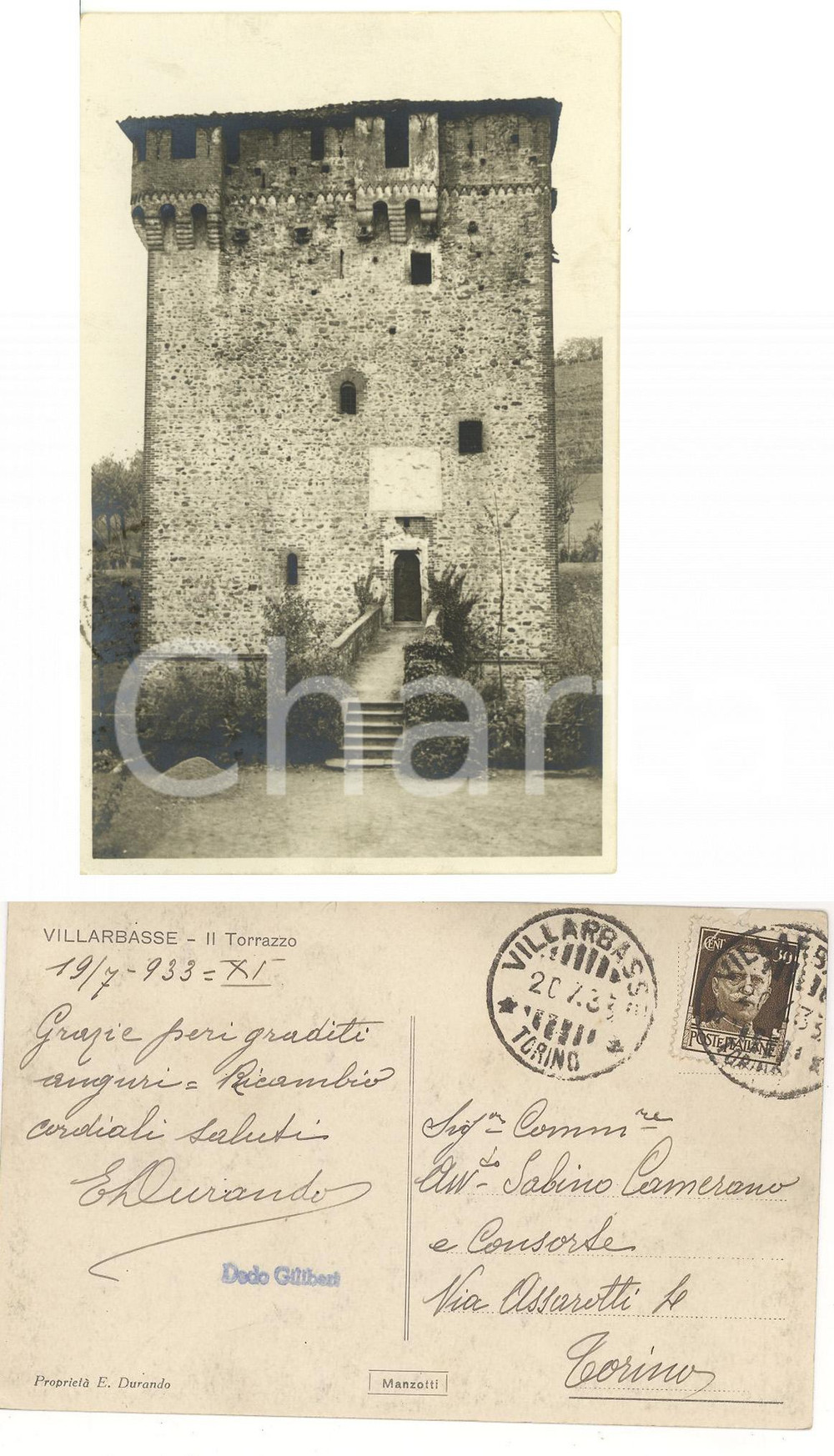 Cartolina originale da collezione 1933 VILLARBASSE TO Veduta del TORRAZZO Autografo E. DURANDO Cartolina FP VG 1