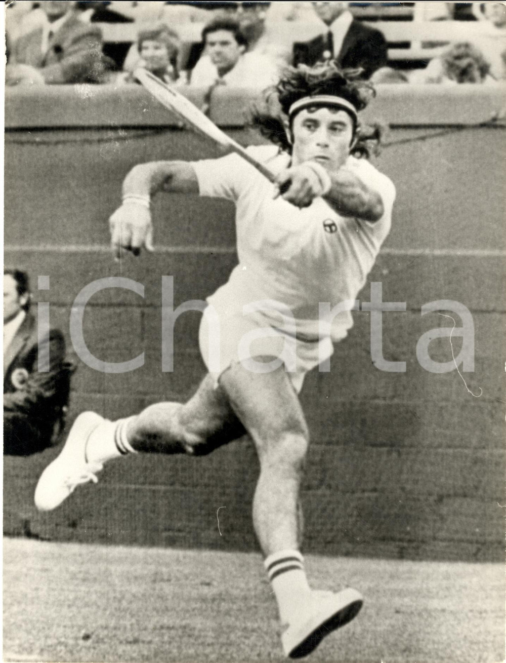 Fotografia d epoca originale 1980 ca TENNIS Guillermo VILAS durante un match sponsor Sergio TACCHINI Foto 1
