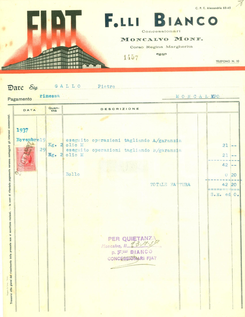 Documento originale, autentico 1937 MONCALVO AT Fratelli BIANCO Concessionari FIAT Fattura ILLUSTRATA 1
