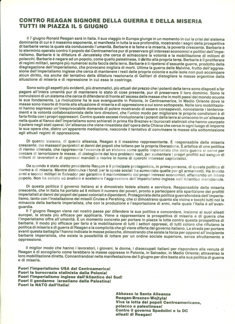 Materiale pubblicitario d’epoca 1982 LEGA SOCIALISTA RIVOLUZIONARIA Ronald REAGAN signore guerra e miseria 1