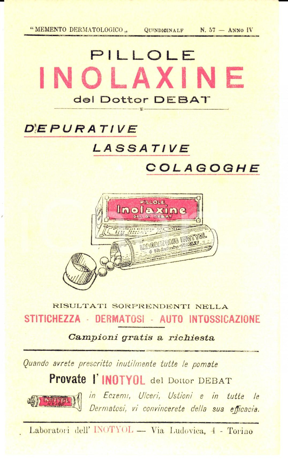 Materiale pubblicitario d’epoca 1930 ca TORINO Pillole INOLAXINE Dottor DEBAT Carta assorbente Farmaceutica 1