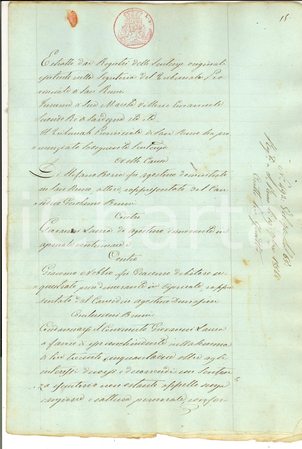 Documento originale, autentico 1856 APRICALE IM GIOVANNI LAURA condannato all arresto per debiti 1
