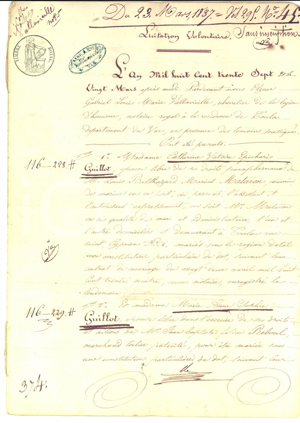 Documento originale, autentico 1837 TOULON AndrÃ© GUILLOT achÃ¨te propriÃ©tÃ© rurale de ses soeurs Manuscrit 1