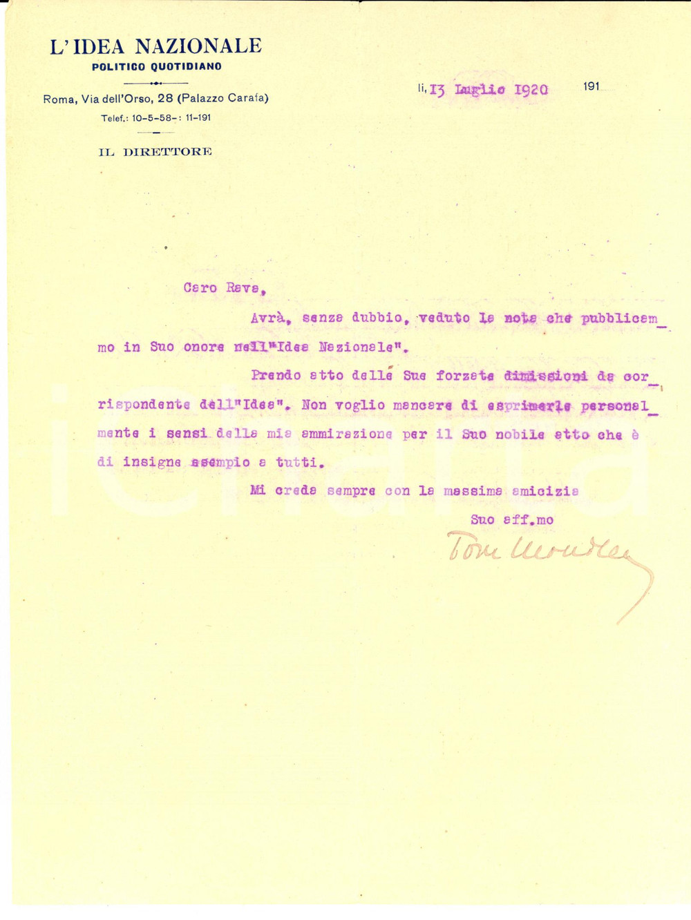 Autografo originale 1920 L IDEA NAZIONALE Tomaso MONICELLI accetta dimissioni Massimo RAVA Autografo 1