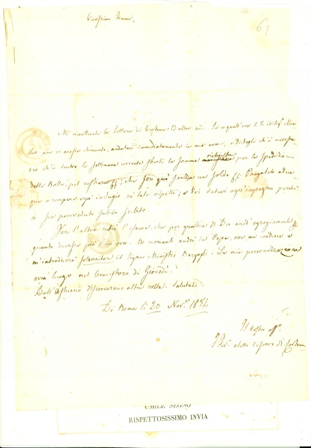 Autografo originale 1854 ROMA Feliciano BARBACCI nuovo vescovo CORTONA va dal Papa AUTOGRAFO 1