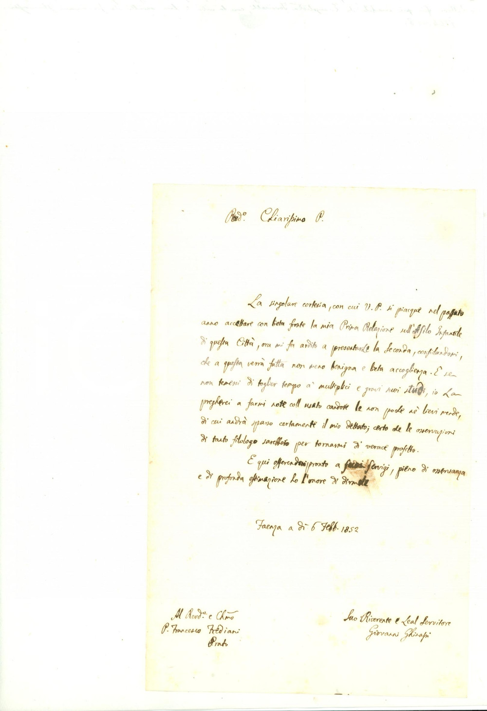 Autografo originale 1852 FAENZA RA Giovanni GHINASSI invia relazione Asilo Infantile AUTOGRAFO 1