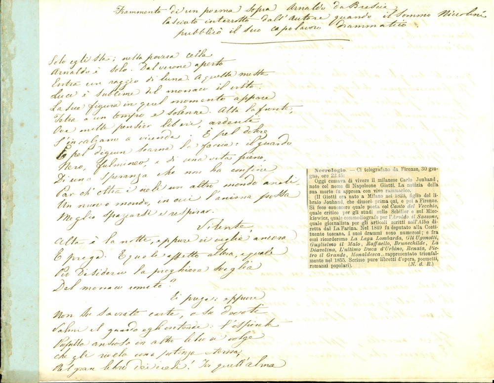 Autografo originale 1842 MILANO Napoleone GIOTTI Frammento AUTOGRAFO Arnaldo da Brescia INEDITO 1