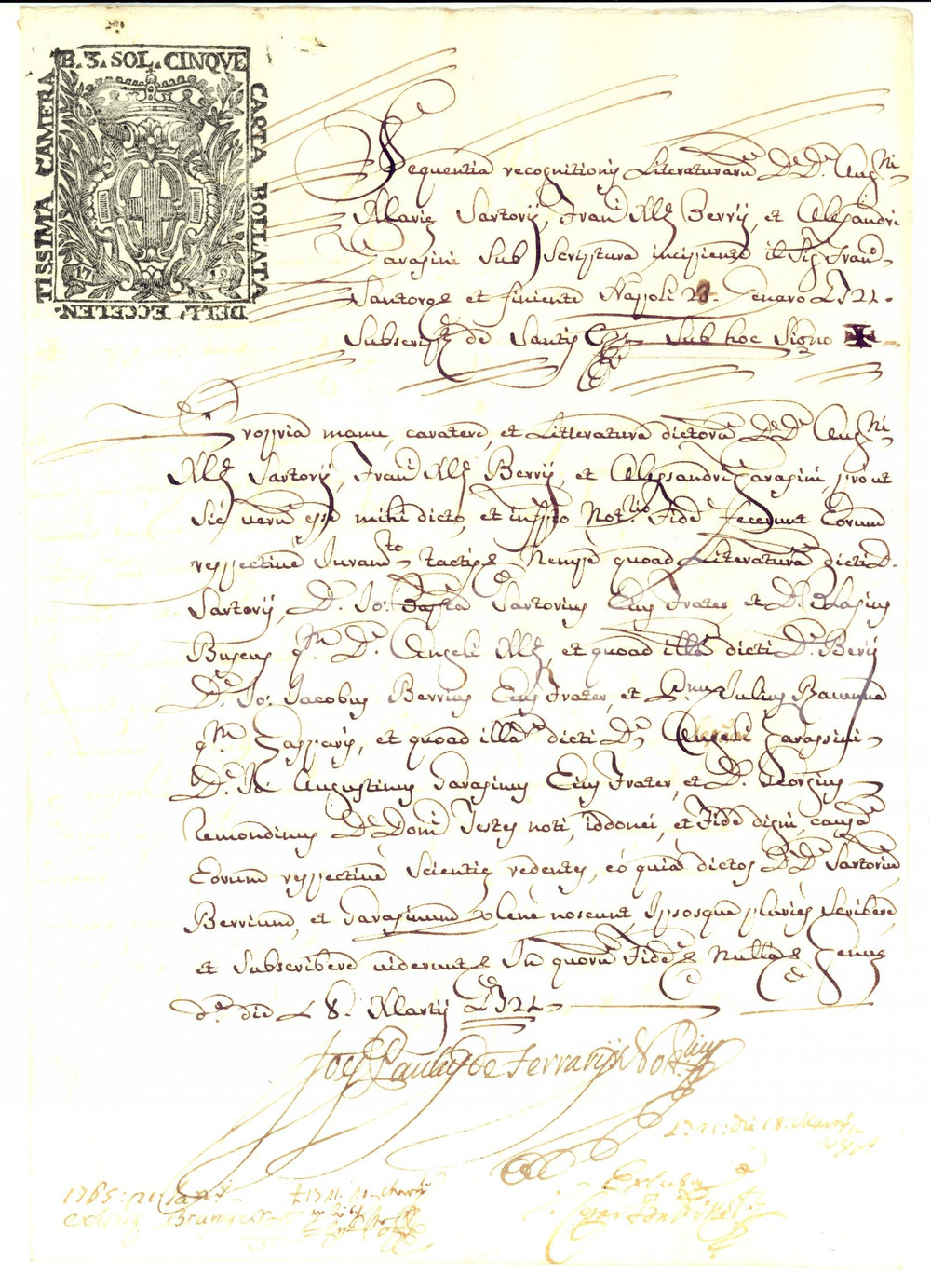 Documento originale, autentico 1722 GENOVA Fede Agostino Maria SARTORIO, Francesco BERRI e Alessandro GARASSINI 1