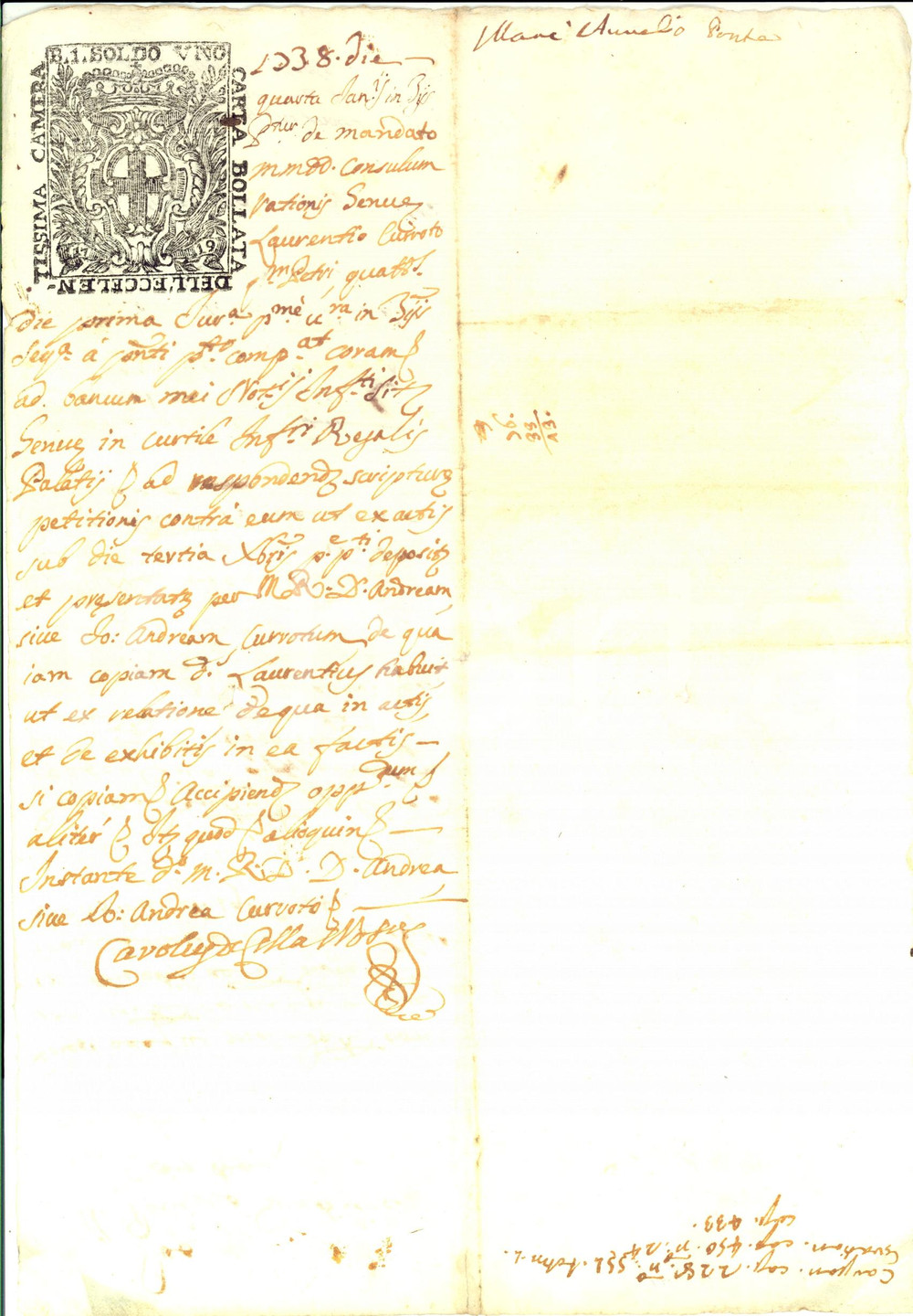 Documento originale, autentico 1738 GENOVA Lorenzo CURRO  compare in lite giudiziaria Manoscritto 1