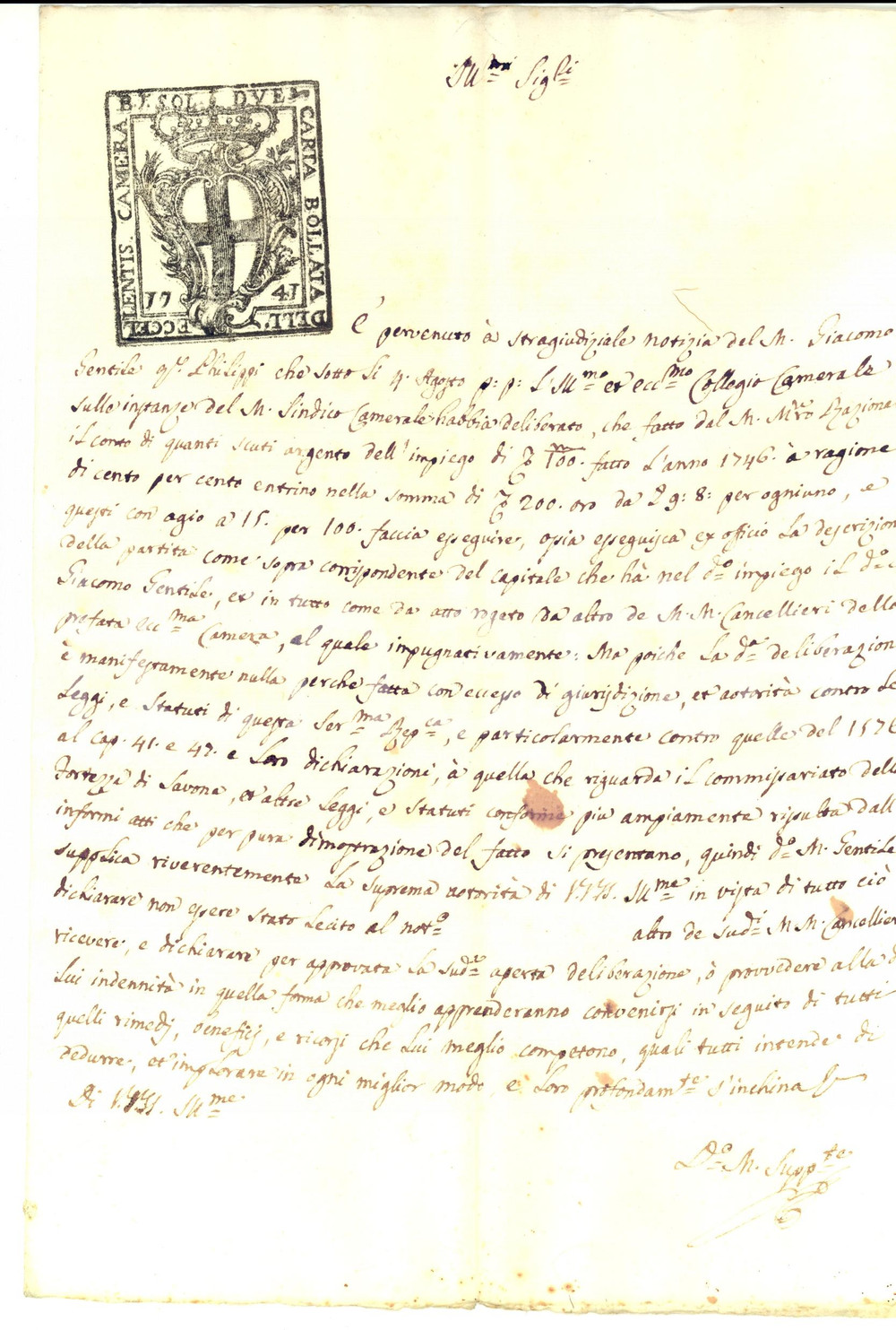 Documento originale, autentico 1750 ca GENOVA Collegio Camerale su partite del marchese Giacomo GENTILE 1