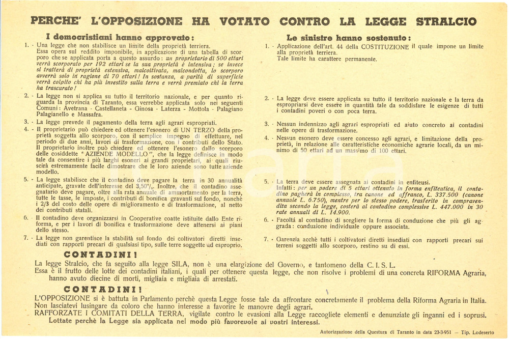 Materiale pubblicitario d’epoca 1951 TARANTO PROPAGANDA POLITICA PCI Decine contadini morti per Riforma Agraria 1