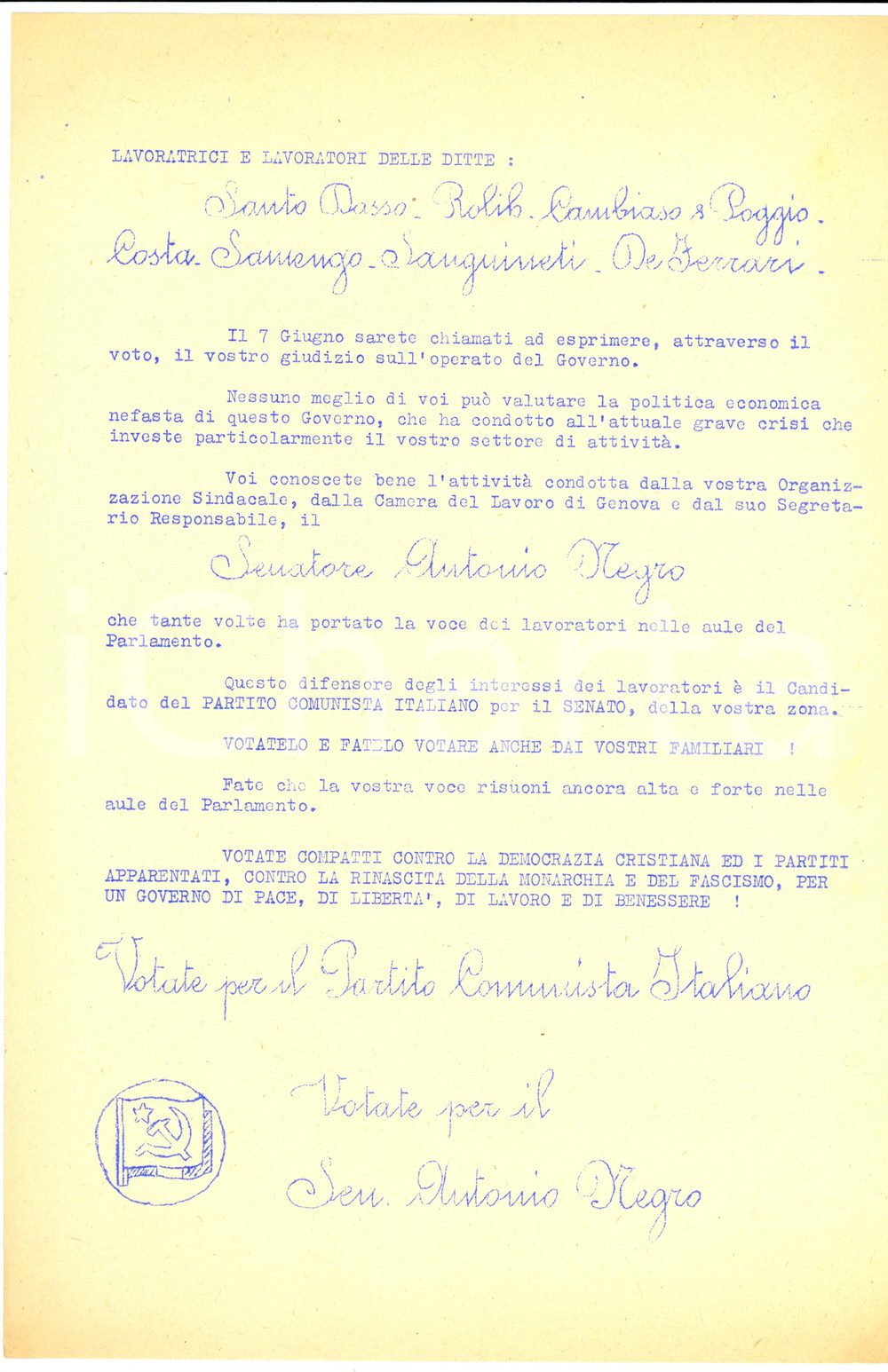 Materiale pubblicitario d’epoca 1953 GENOVA PROPAGANDA POLITICA PCI Operai votate Antonio NEGRO Volantino 1