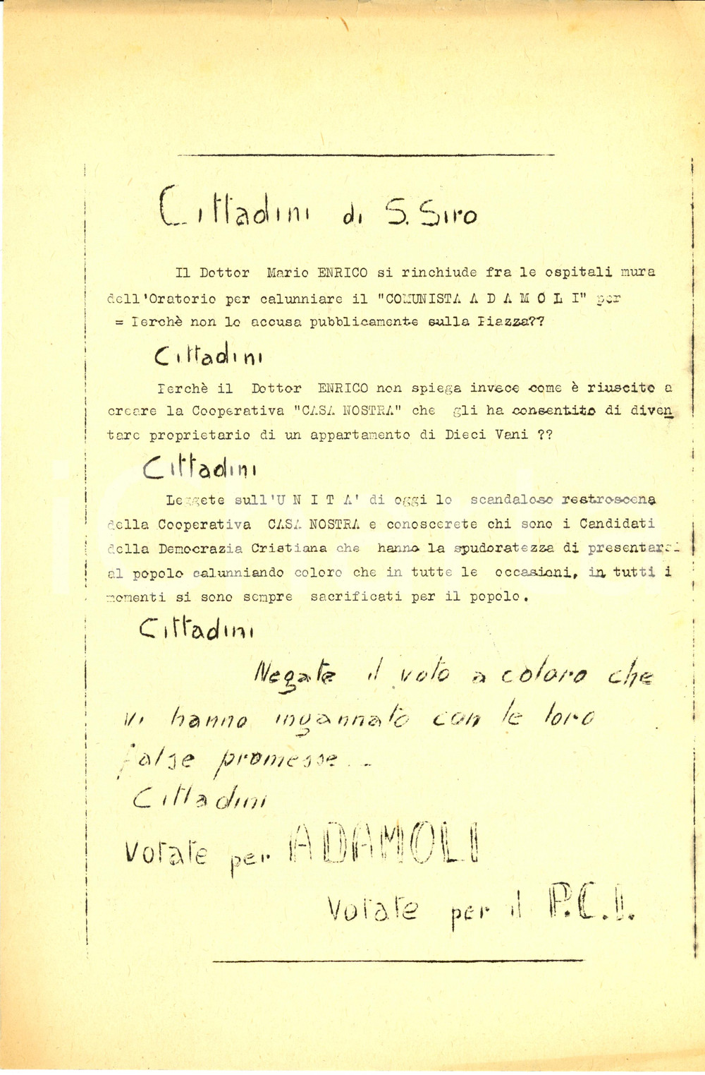 Materiale pubblicitario d’epoca 1953 GENOVA PROPAGANDA POLITICA PCI Gelasio ADAMOLI contro Mario ENRICO DC 1