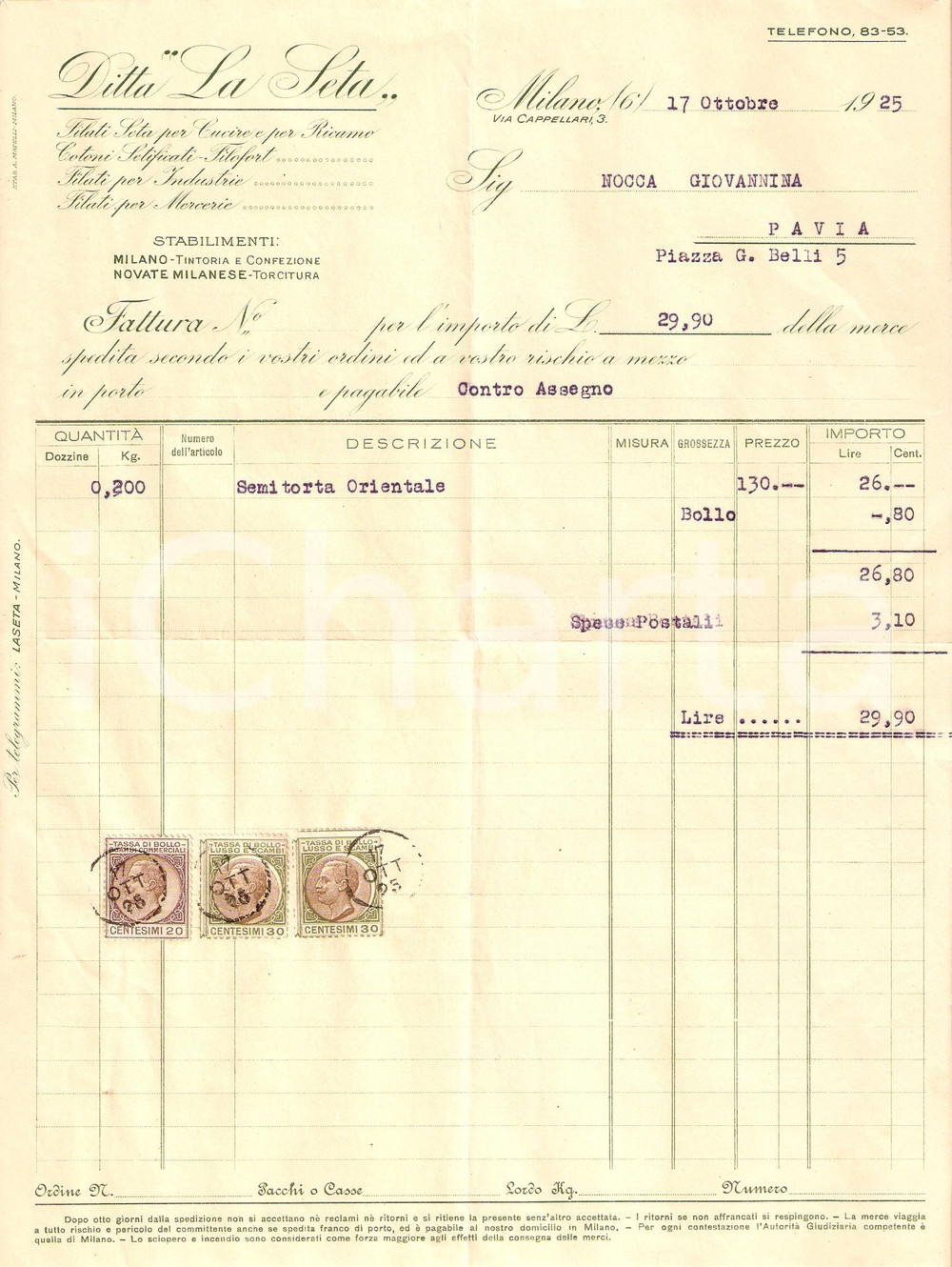 Documento originale, autentico 1925 MILANO Ditta LA SETA Stabilimento NOVATE MILANESE Filati Fattura 1