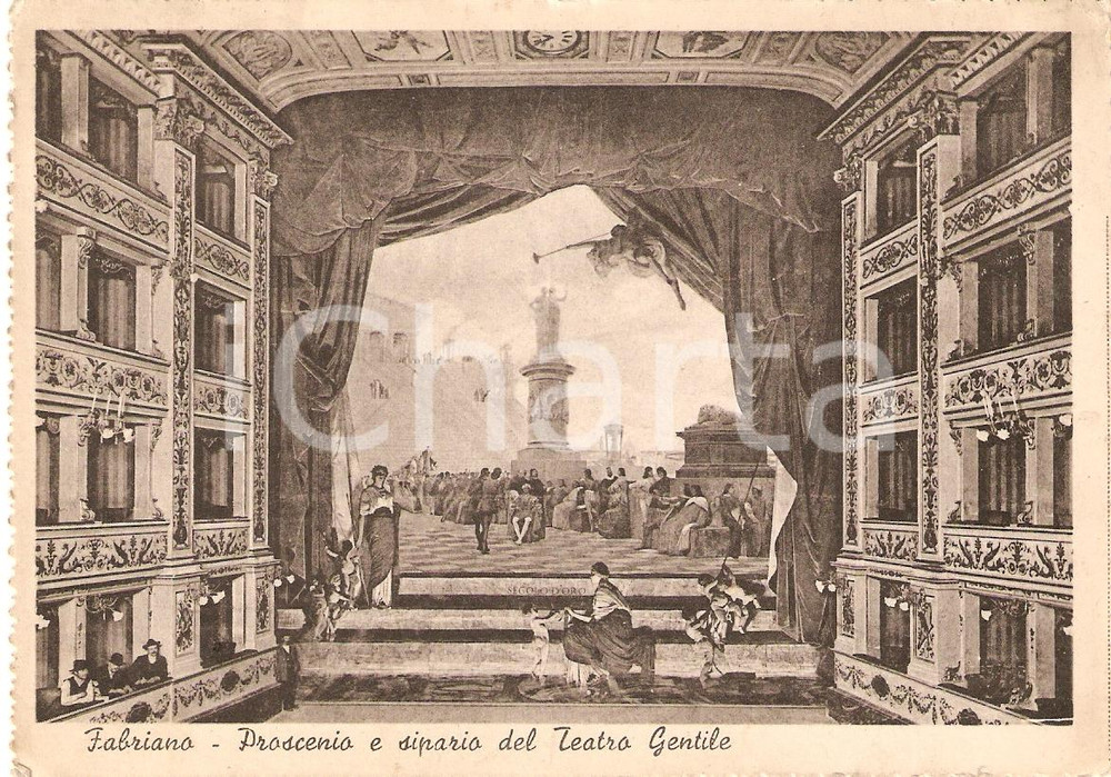 Cartolina originale da collezione 1940 FABRIANO AN Teatro GENTILE Proscenio e sipario Cartolina ANIMATA FG 1