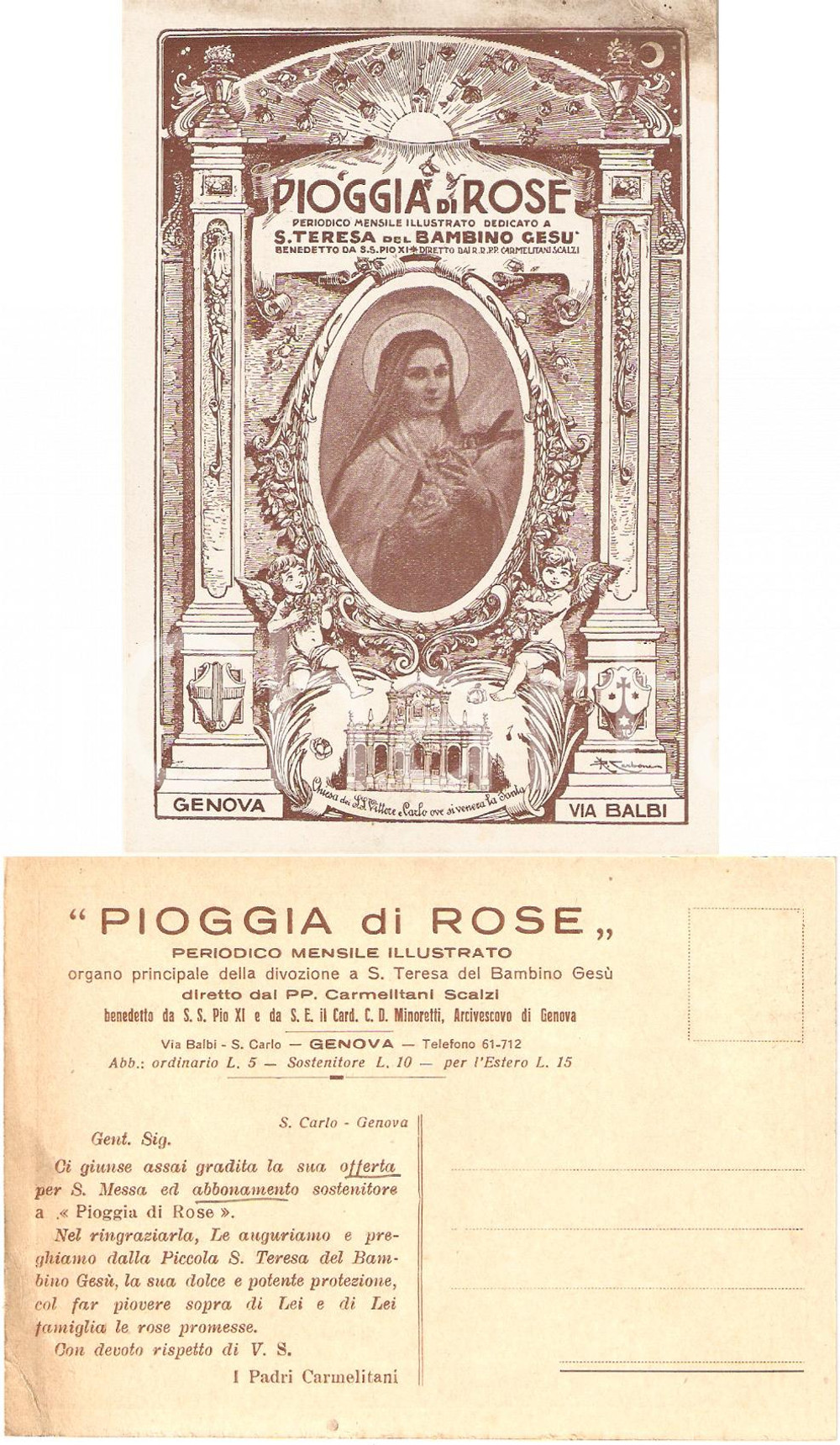 Cartolina originale da collezione 1940 ca GENOVA Periodico PIOGGIA DI ROSE Carmelitani scalzi Cartolina FG NV 1