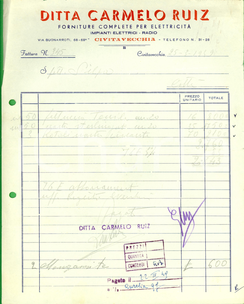 Documento originale, autentico 1949 CIVITAVECCHIA RM Ditta Carmelo RUIZ Impianti elettrici e radio Fattura 1