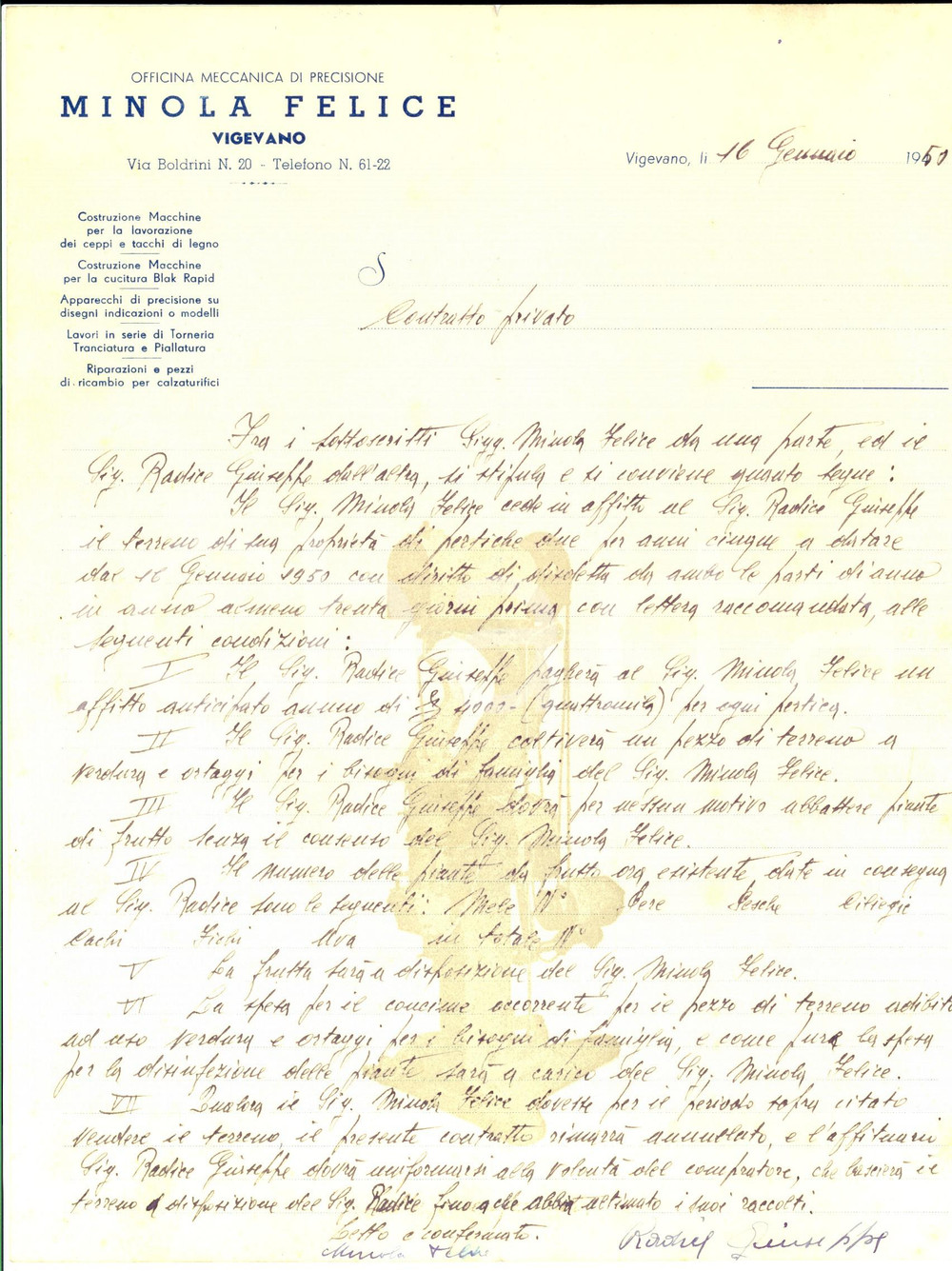 Manoscritto, lettera originale 1950 VIGEVANO PV Felice MINOLA affitta un terreno a Giuseppe RADICE Lettera 1