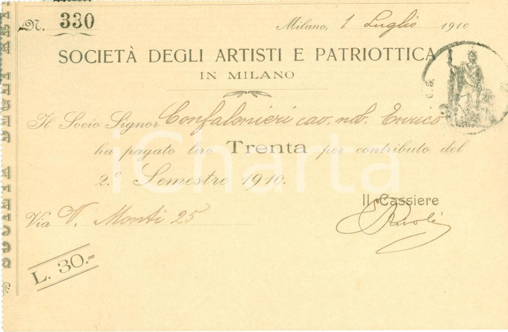 Documento originale, autentico 1910 MILANO SocietÃ  degli Artisti e Patriottica Ricevuta a Enrico CONFALONIERI 1