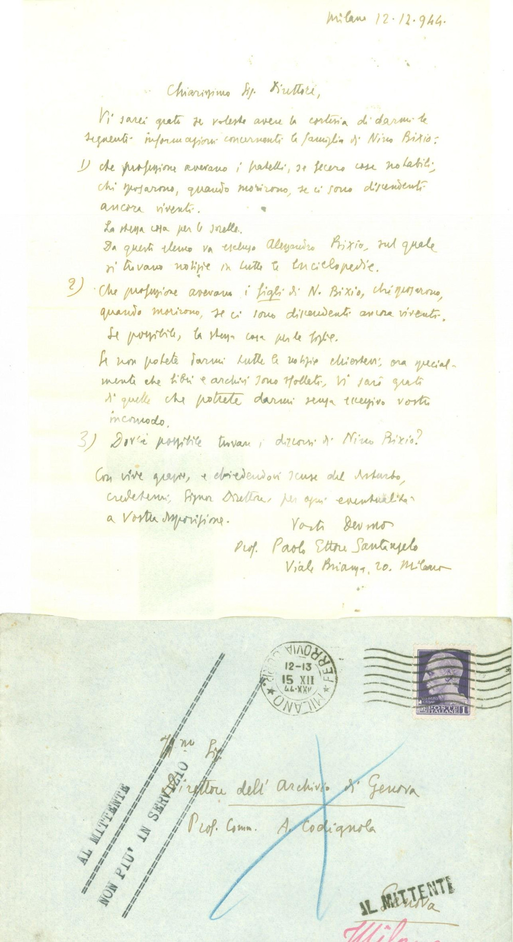 Autografo originale 1944 MILANO Paolo SANTANGELO cerca notizie su Nino BIXIO Archivio Stato GENOVA 1