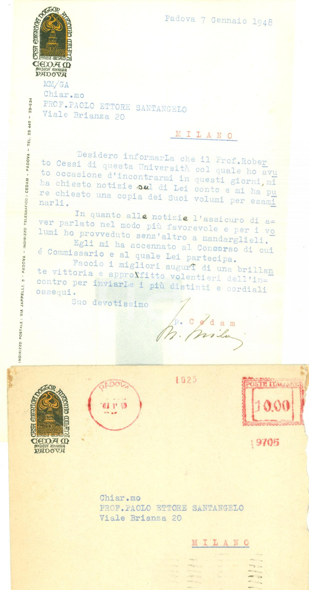 Manoscritto, lettera originale 1948 PADOVA Casa Editrice CEDAM Roberto CESSI interessato a opere di SANTANGELO 1