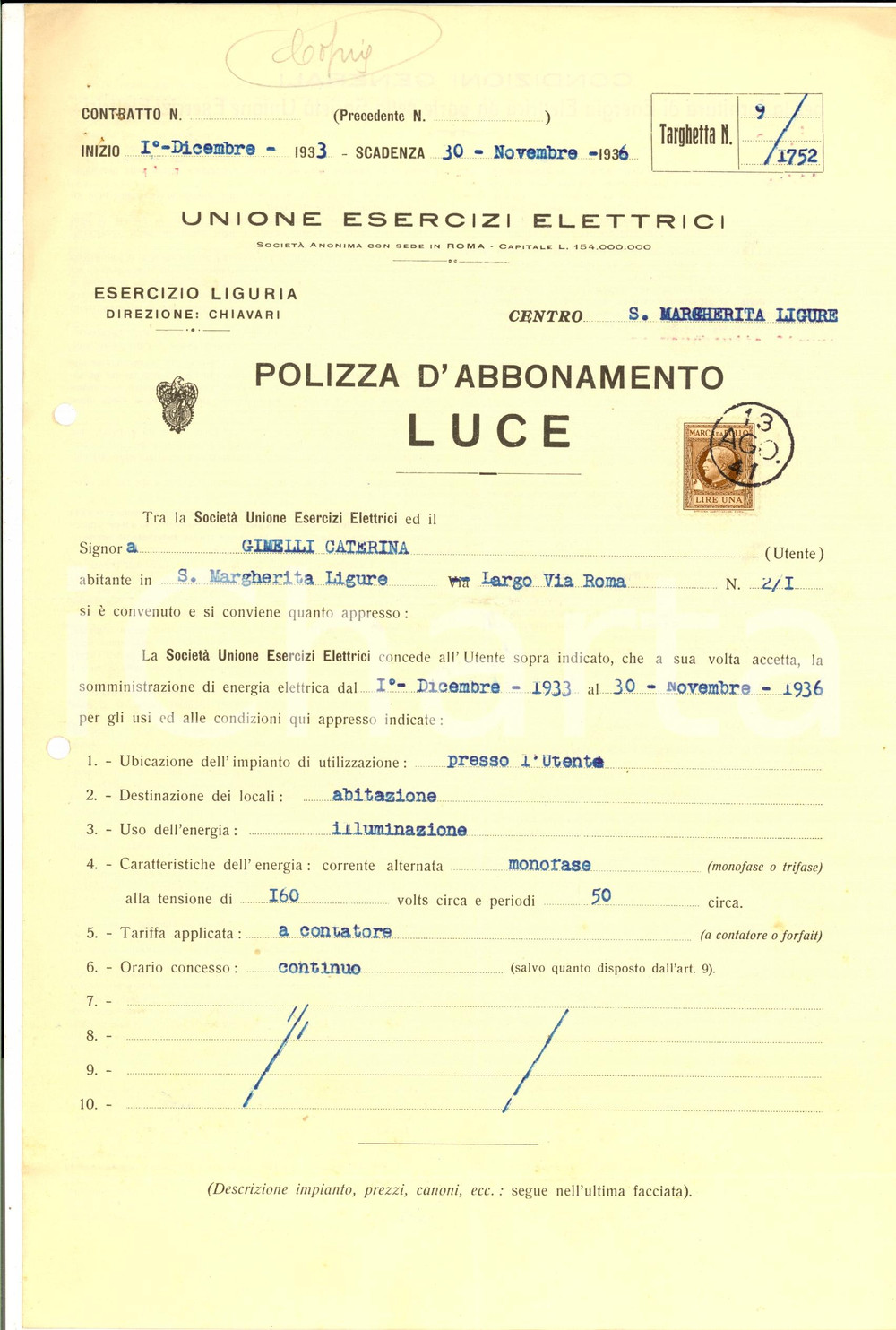 Manoscritto, lettera originale 1936 SANTA MARGHERITA LIGURE Contratto UNIONE ESERCIZI ELETTRICI  GIMELLI 1