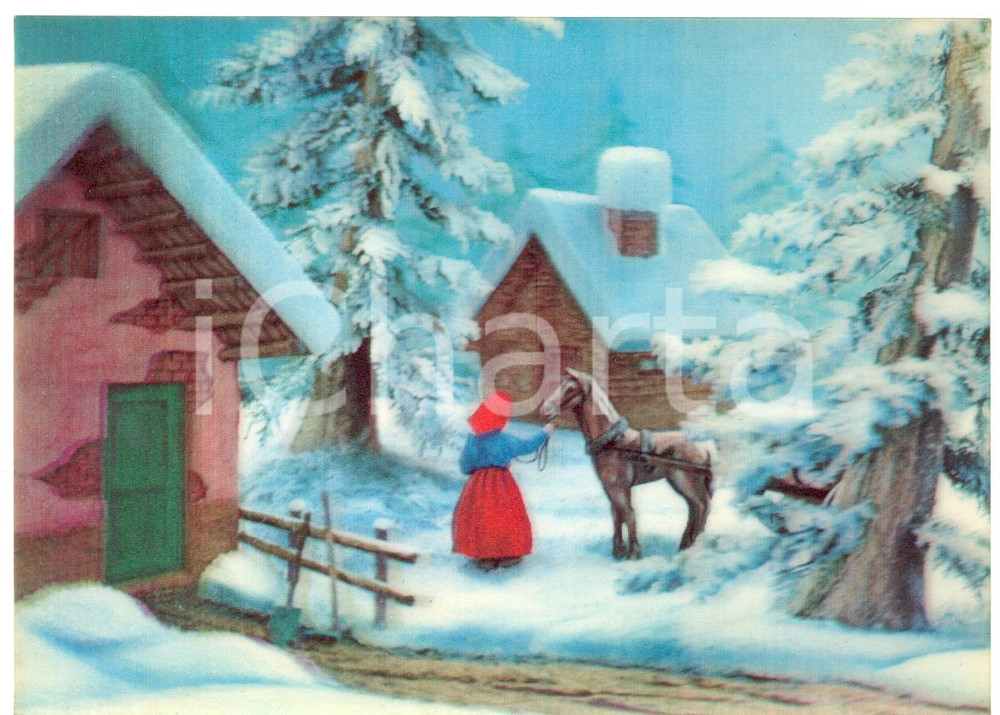 Cartolina originale da collezione 1970 ca OLOGRAFIA Contadina con cavallo in un paese innevato Cartolina FG NV 1