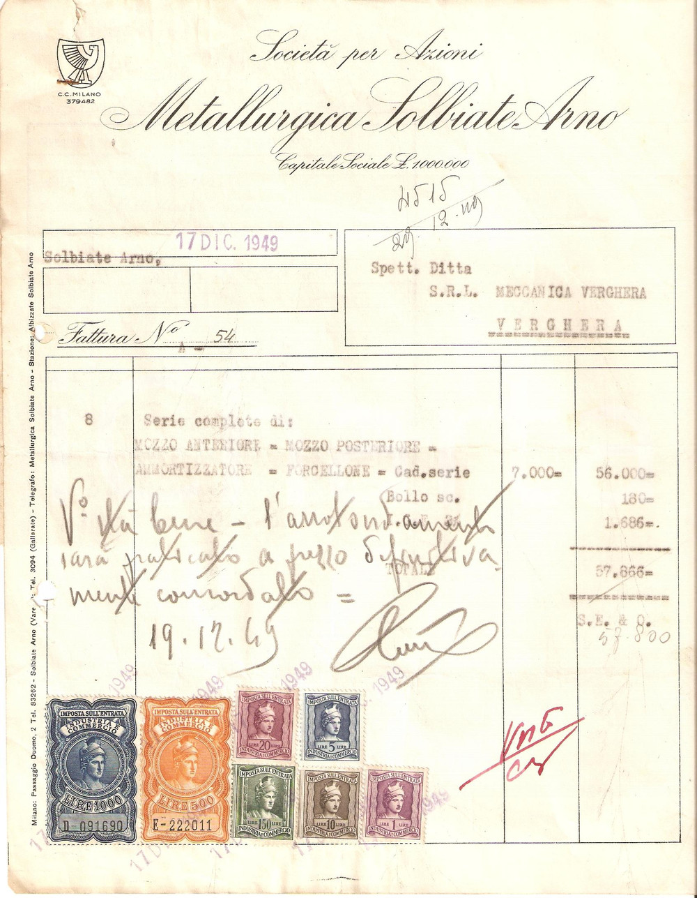 Manoscritto, lettera originale 1949 SOLBIATE ARNO VA SocietÃ  per azioni METALLURGICA Fattura intestata 1